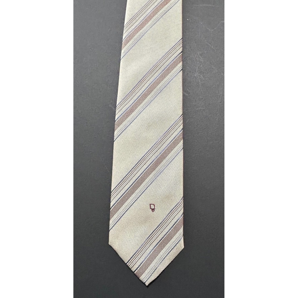 Vintage Christian Dior Men's Tie‎ Beige Stripe 3" Wide Polyester Silk USA 1970s